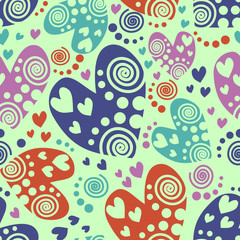 Naklejka premium Seamless vector pattern with hearts. Background with hand drawn ornamental symbols. Template for wrapping, decor, surface, cards, backgrounds, textile, print. Decorative repeat ornament.