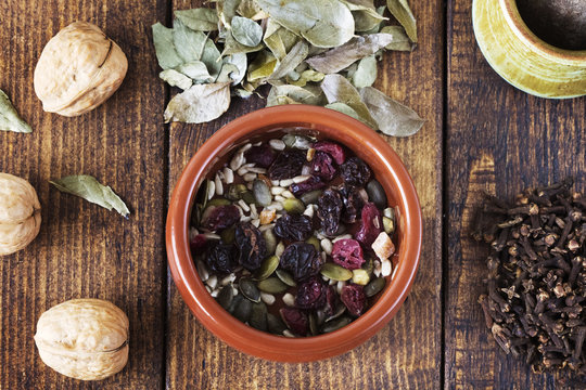 Dried herbs on table