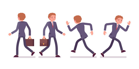 Set of businessman in walking, running poses, rear, front view