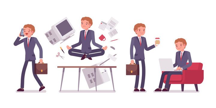 Office scene with busy and relaxed in yoga young businessman