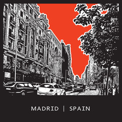 Madrid, Spain. European street with big houses, cars, trees and people. Vector graphic illustration.