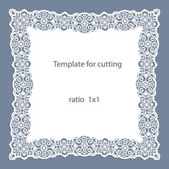 Greeting card with openwork border, paper doily under the cake, template for cutting, wedding invitation, decorative plate is laser cut, vector illustrations.