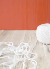 Handmade crocheted cotton organic lace. Needlework creative craft, Mori Girl lace style. Selective soft focus