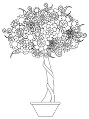 Blooming tree in a pot, anti stress coloring page vector illustration