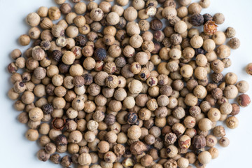 White peppercorns on white table. Top view. Selective focus.