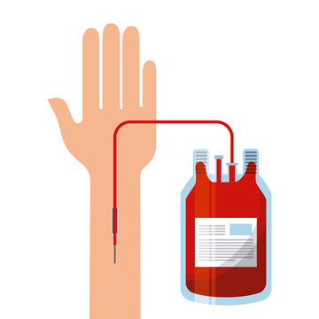 hand with blood bag over white background. donate blood concept. colorful design. vector illustration