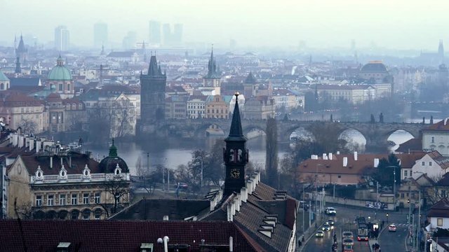 Prag City in the evening with traffic and Charles Brigde Timelapse 