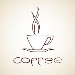 Hand drawn coffee cup with lettering label. Vector eps8 illustration.