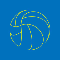 Logo of yellow volleyball lines on blue background.