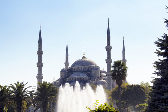 Distant view of Blue (Sultanahmet) Mosque with trees and water fountain in foreground. Well-known site built in 1616 & containing its founder's tomb.
