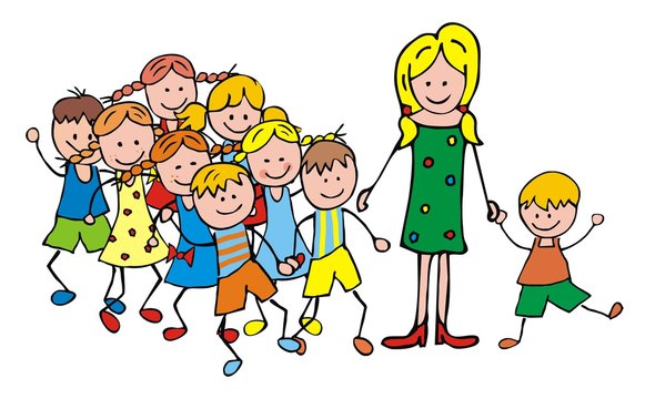 The teacher with the children on a walk. Vector illustration.