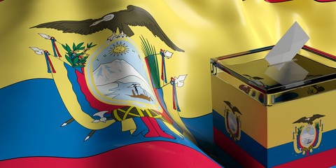 Ballot box on Ecuador flag background, 3d illustration
