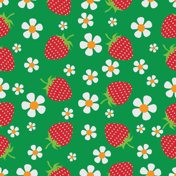 Flowers and berries. Strawberry. Natural product. Seamless pattern on a dark green background. The farmers market, chefs, cooks.