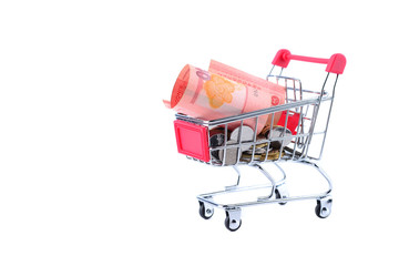 The concept of financial planning, Many of Malaysian coins in the troley isolate on white