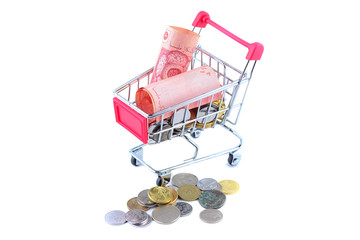 The concept of financial planning, Many of Malaysian coins in the troley isolate on white