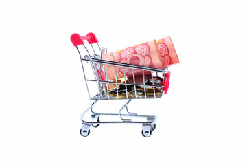 The concept of financial planning, Many of Malaysian coins in the troley isolate on white