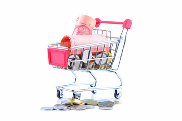 The concept of financial planning, Many of Malaysian coins in the troley isolate on white