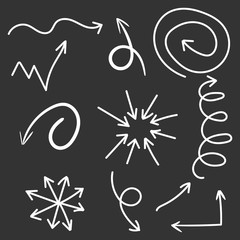 Arrows icon set. Hand drawn vector illustration on black background.