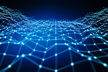 Floating white and blue dot network 3D rendering