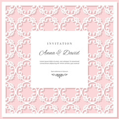 Wedding invitation card template with laser cutting frame. Pastel pink and white colors.