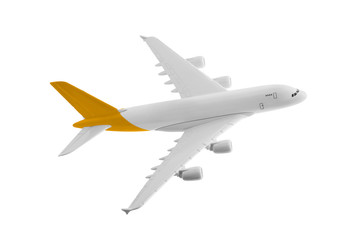 Fototapeta na wymiar Airplane model with yellow color on tail isolated on white background