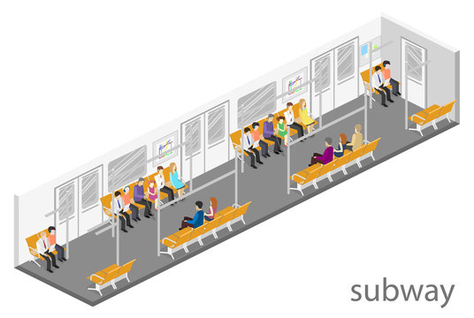 Isometric flat 3D concept vector interior of metro subway carriage.