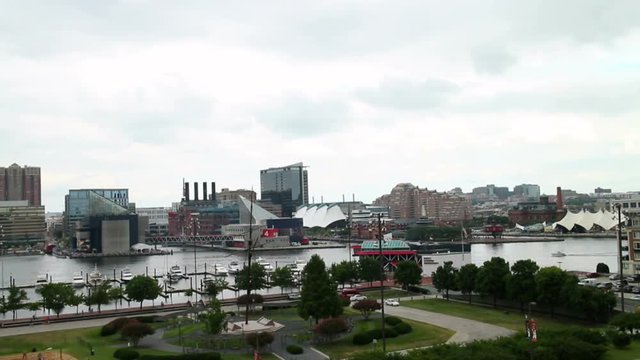 Pan of the Baltimore Inner Harbor in Maryland.