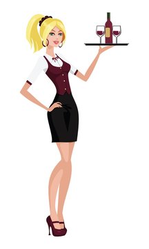 waitress carrying drinks with tray