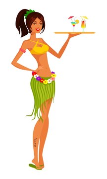 Girl holding a tray of drinks in hand, beach
