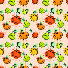 Fototapeta premium Seamless vector pattern. Hand drawn fruits illustration with splash and drop, cute childish background. Line drawing,