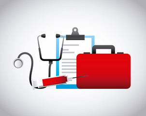 first aid briefcase with medicine equipment icons over white background. colorful design. vector illustration