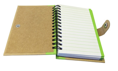 Open hardback notebook journal with blank lined pages. Isolated.