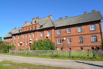 Fototapeta na wymiar Old house of the German construction on Vokzalnaya Street in Znamensk, the Kaliningrad region