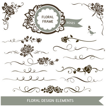 Set of floral calligraphic elements. Vector roses and wedding design elements