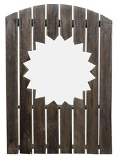Wooden garden gate with cut out sun design. Isolated.