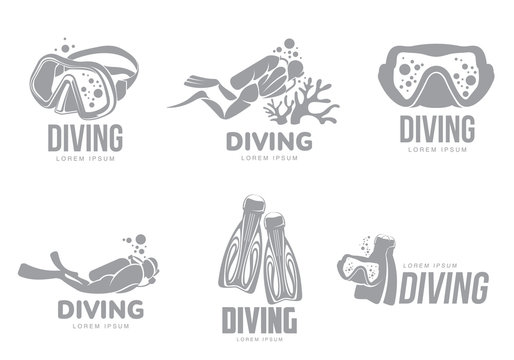 Set of black and white graphic diving logo templates with divers, mask, flippers, vector illustration isolated on white background. Graphic scuba diving, snorkeling logotype, logo design