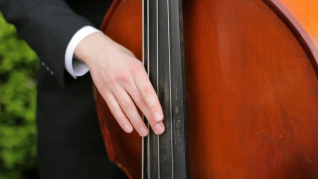 Close up of a man playing a double bass outside.