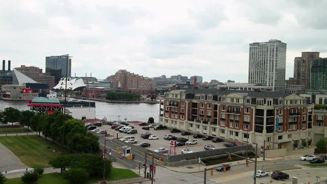 Pan of the Baltimore Inner Harbor in Maryland.