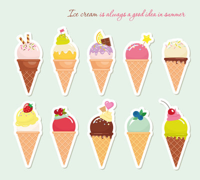 Ice cream cone set. Paper cutout stickers. Bright and pastel colors. Vector EPS10.