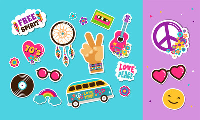Hippie, bohemian stickers, pins, art fashion chic patches, pins, badges and icons