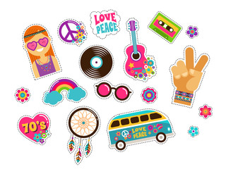 Hippie, bohemian stickers, pins, art fashion chic patches, pins, badges and icons