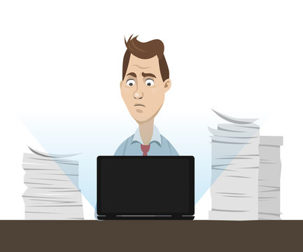 Office worker sitting behind his table working on laptop with a lot of papers and documents around - vector cartoon illustration