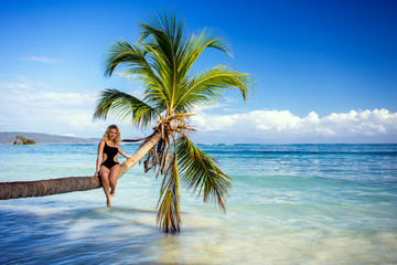 young sexy girl model sitting on palm tree over blue sea