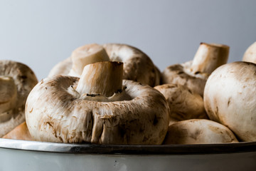 Raw Mushrooms in colander white backround copy space.