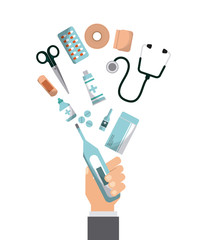 hand with first aid medicine equipment over white background. colorful design. vector illustration