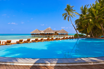 Pool and cafe on Maldives beach