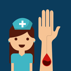 medical nurse with hand and blood drop over blue background. donation blood concept. colorful design. vector illustration