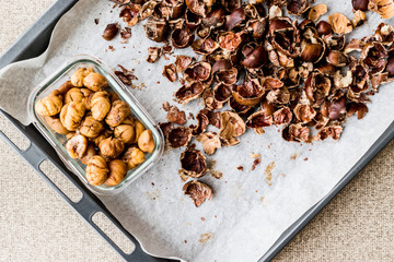 Peeled and crust Chestnuts on tray