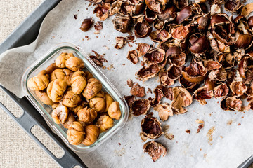 Peeled and crust Chestnuts on tray