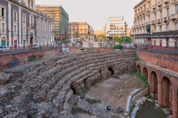 Remains of the Roman amphitheater at the Stesicoro square in Catania, Italy